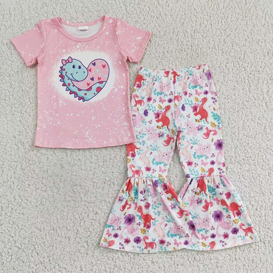 GSPO0283 Baby Girl Dinosaur Heart Floral Bell Pants Valentine's Pink Outfit