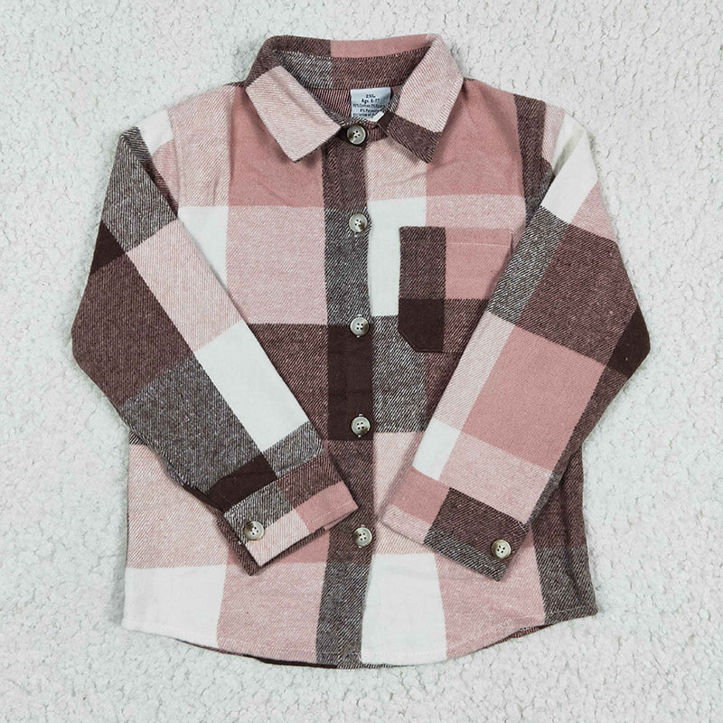 GT0073 Baby Girl Kids Pink Plaid Cotton Pocket Flannel Button Up Shirt