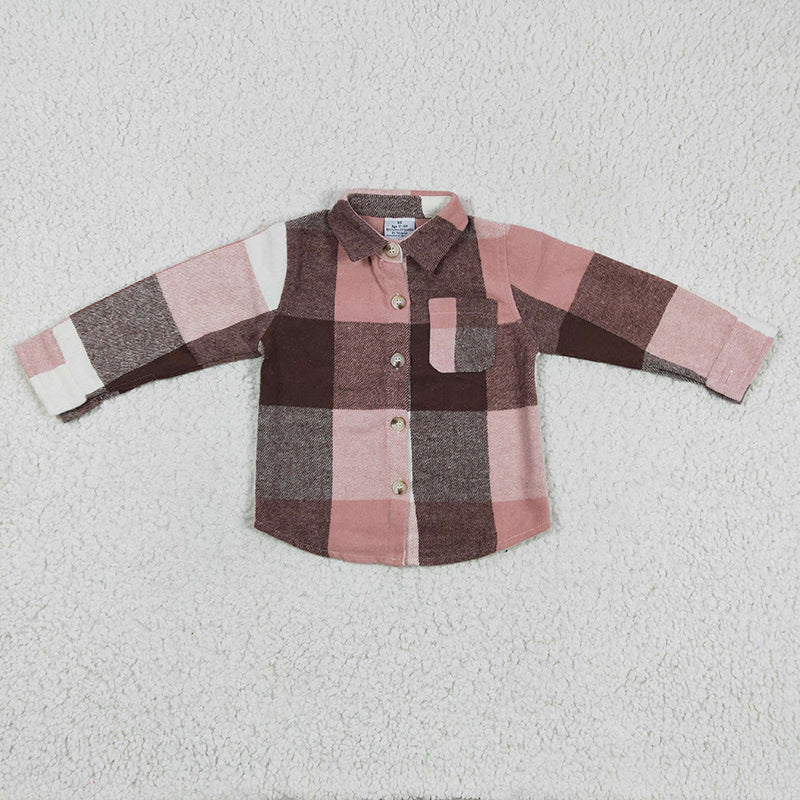 GT0073 Baby Girl Kids Pink Plaid Cotton Pocket Flannel Button Up Shirt