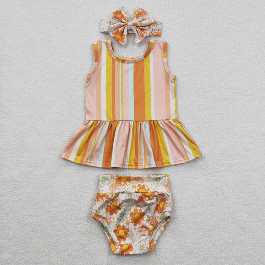 GBO0105 Baby Girl Striped Top Floral Bummie Outfit
