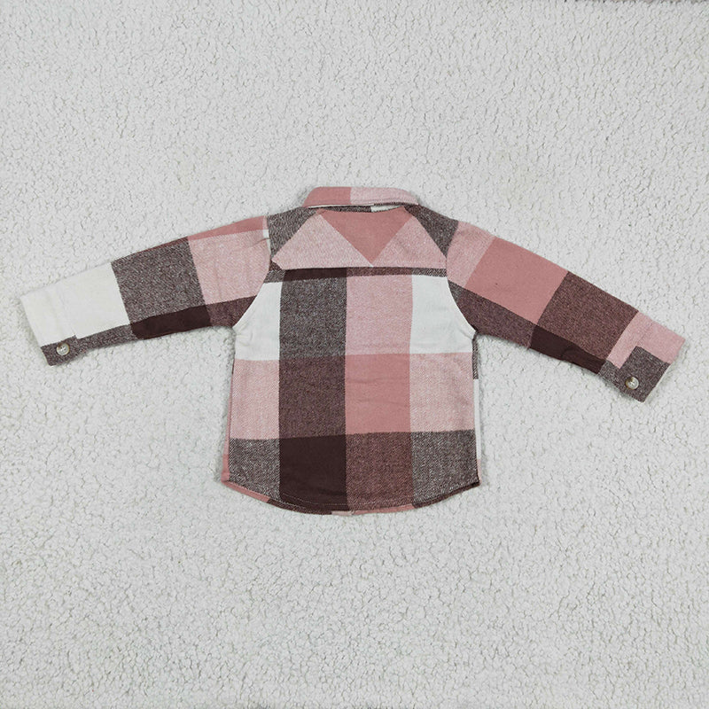 GT0073 Baby Girl Kids Pink Plaid Cotton Pocket Flannel Button Up Shirt
