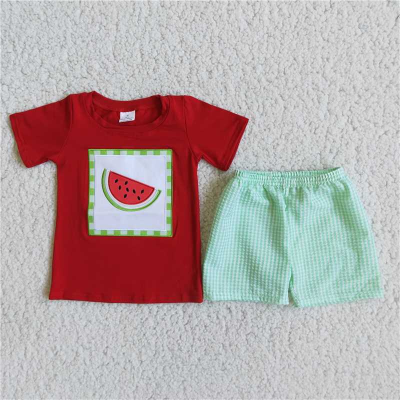 Baby Boy Summer Red Embroidery Watermelon Plaid Shorts Outfit