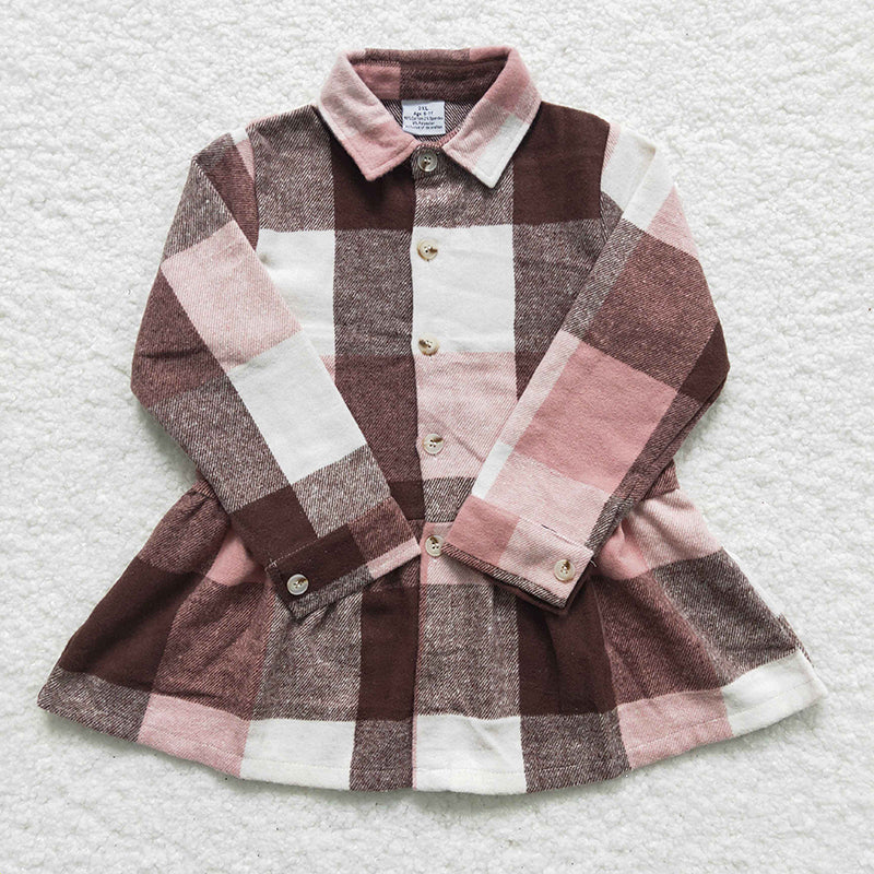 GT0090 Baby Girl Kids Pink Plaid Flannel Top