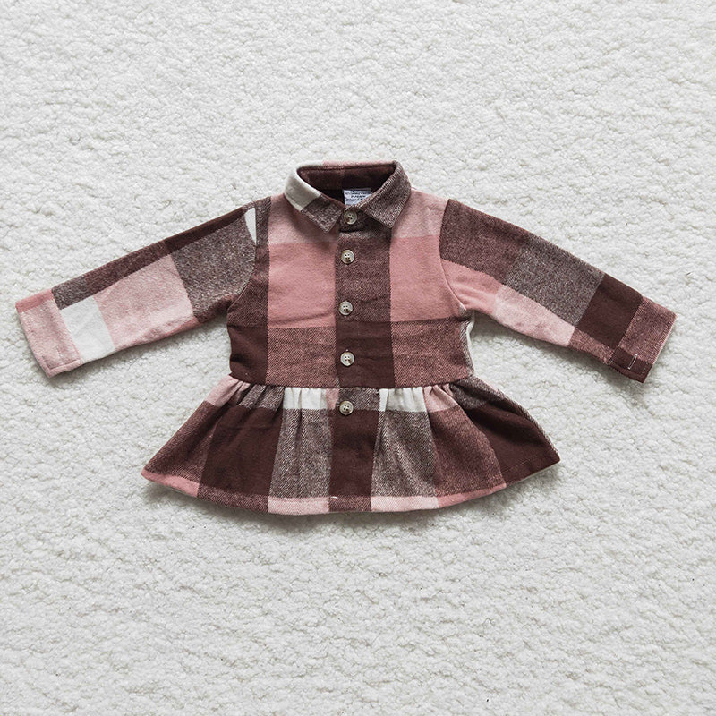 GT0090 Baby Girl Kids Pink Plaid Flannel Top