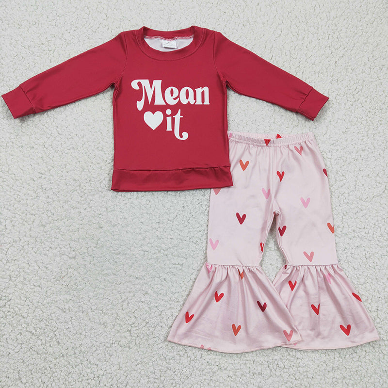 GLP0397 Baby Girl Love You Valentine's Heart Kids Bell Pants Sisters Outfit