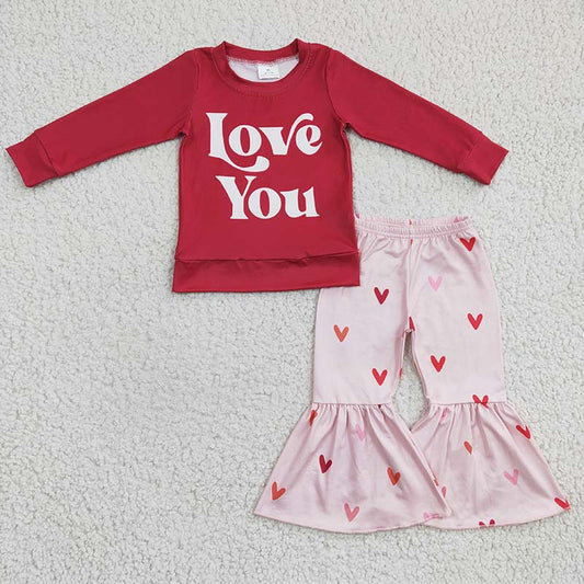 GLP0397 Baby Girl Love You Valentine's Heart Kids Bell Pants Sisters Outfit