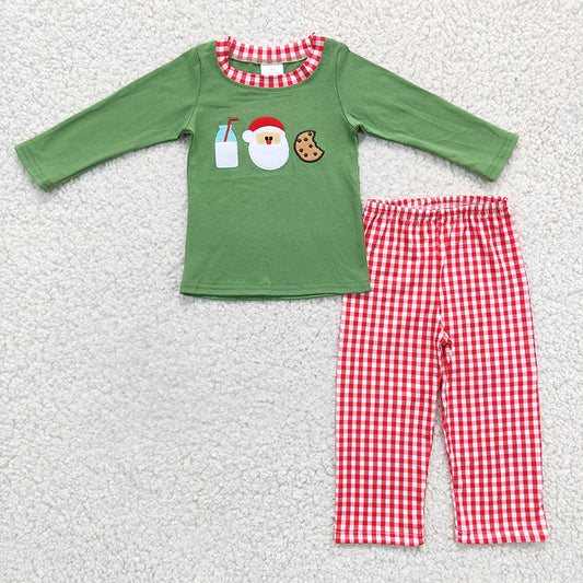 BLP0147 Christmas Embroidery Milk Santa Cookie Baby Boy Plaid Pants Pajamas