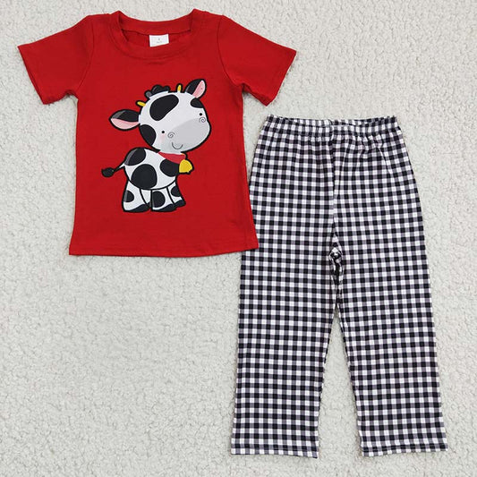 Promotion Baby Boy Embroidery Red Cotton Cow Pajamas Plaid Pants Outfit