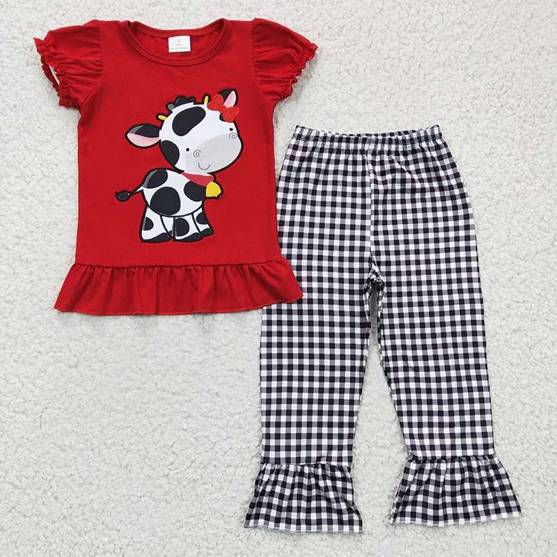 Promotion Baby Boy Embroidery Red Cotton Cow Pajamas Plaid Pants Outfit