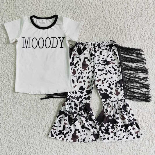 GSPO0160 Baby Girl Short Sleeves Moody Shirt Tassel Cow Print Bell Pants Outfit