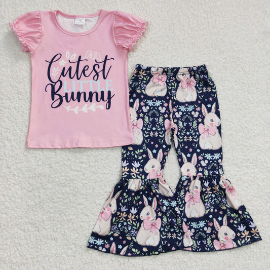 GSPO0461 Baby Girl Easter Short Sleeves Rabbit Bunny Shirt Floral Bell Pants Outfit