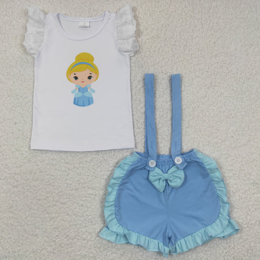 A4-3 Baby Girl Short Sleeves Princess Shirt Suspender Blue Shorts Summer Outfit