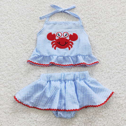 S0081 Baby Girl Embroidery Crab Summer Blue Seersucker Skirt Bummie Outfit
