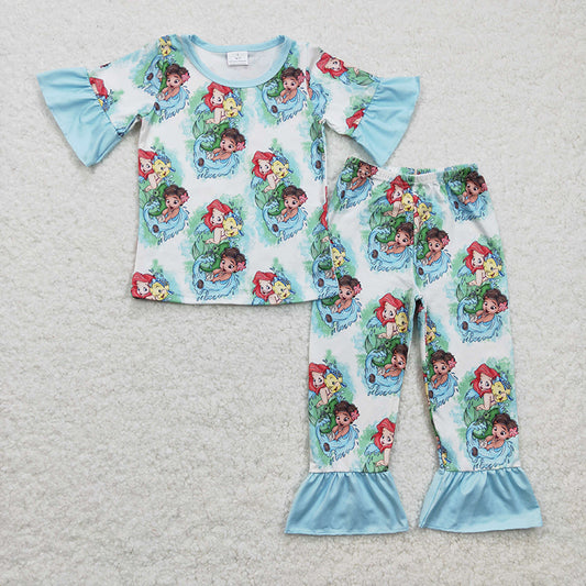 GSPO0394 Baby Girl Mermaid Short Sleeves Pants Outfit Pajamas