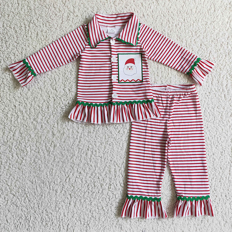 Promotion 6 B9-3 Christmas Santa Baby Girl Striped Pants Pajamas Sleepwear Set