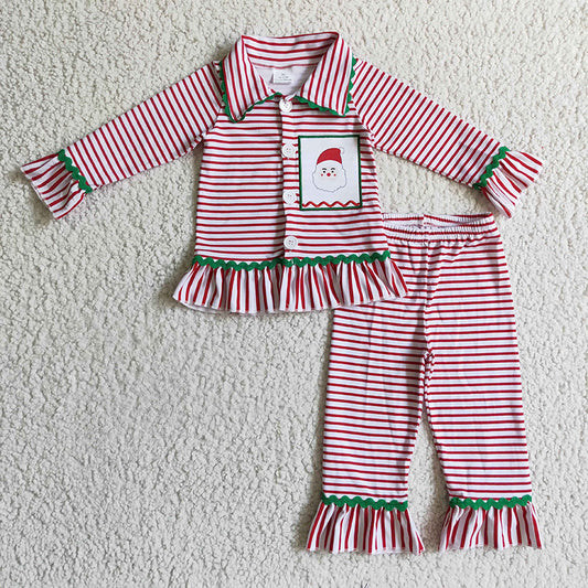 Promotion 6 B9-3 Christmas Santa Baby Girl Striped Pants Pajamas Sleepwear Set