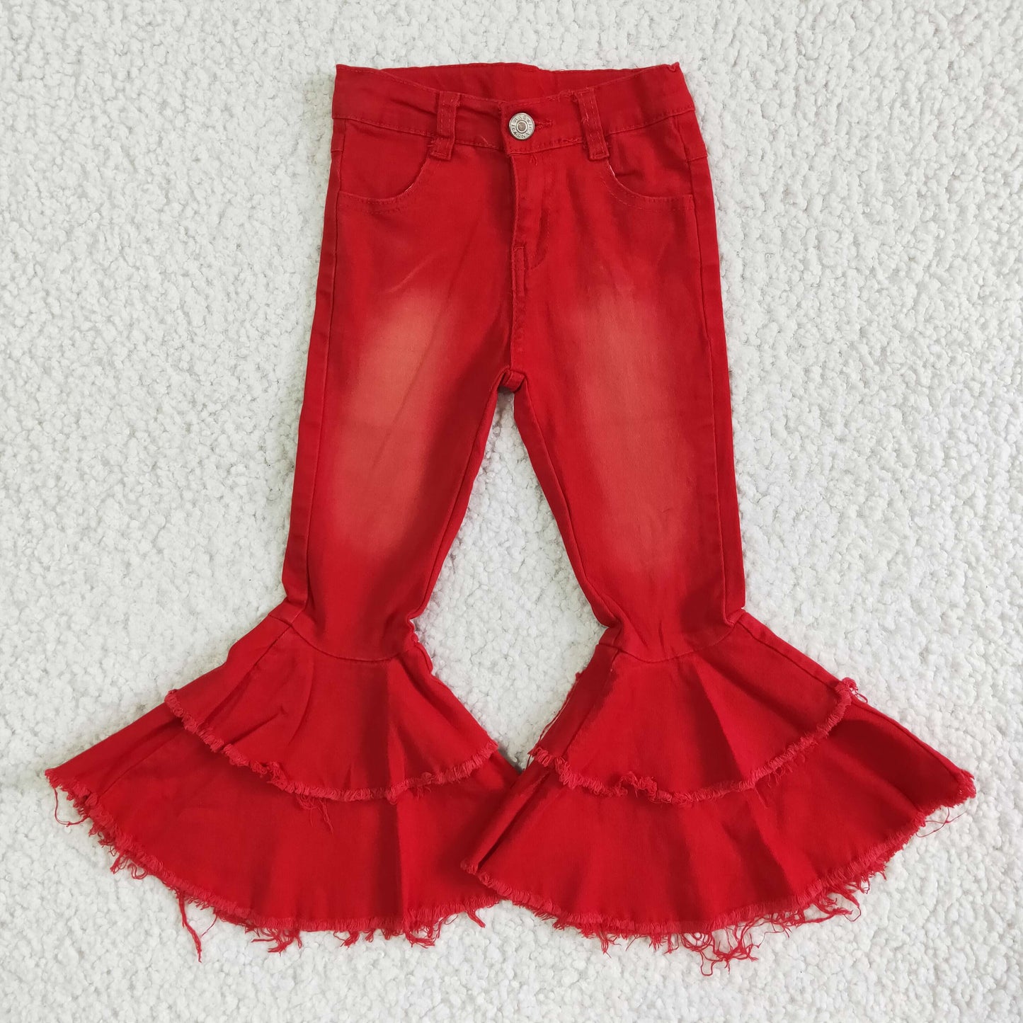 P0006 Baby Girls Denim Double Ruffle Red Jeans