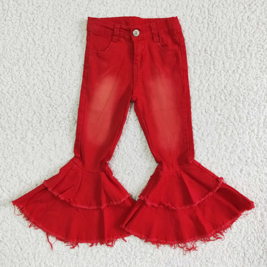 P0006 Baby Girls Denim Double Ruffle Red Jeans
