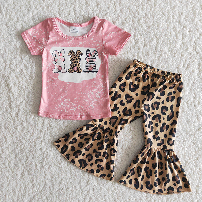 B17-12 Easter Baby Girl Three Rabbits Bunny Leopard Bell Pink Set