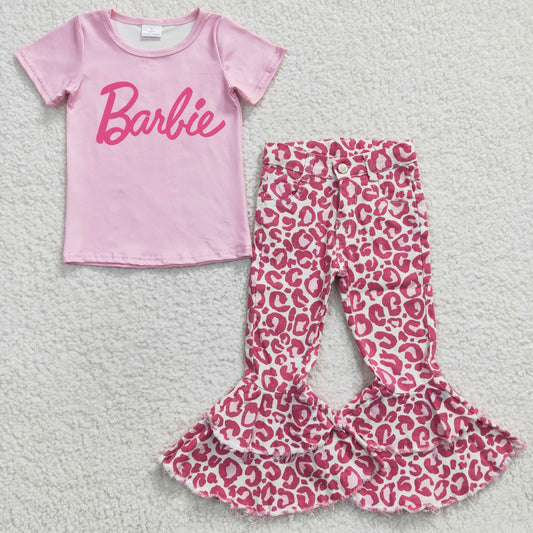 Baby Little Girl Short Sleeves Doll Pink Shirt Leopard Denim Pants Jeans Outfit