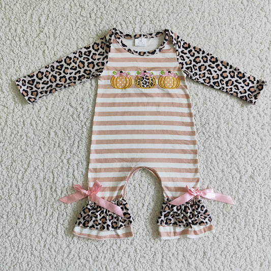 LR0134 Baby Girl Embroidery Pumpkin Leopard Romper