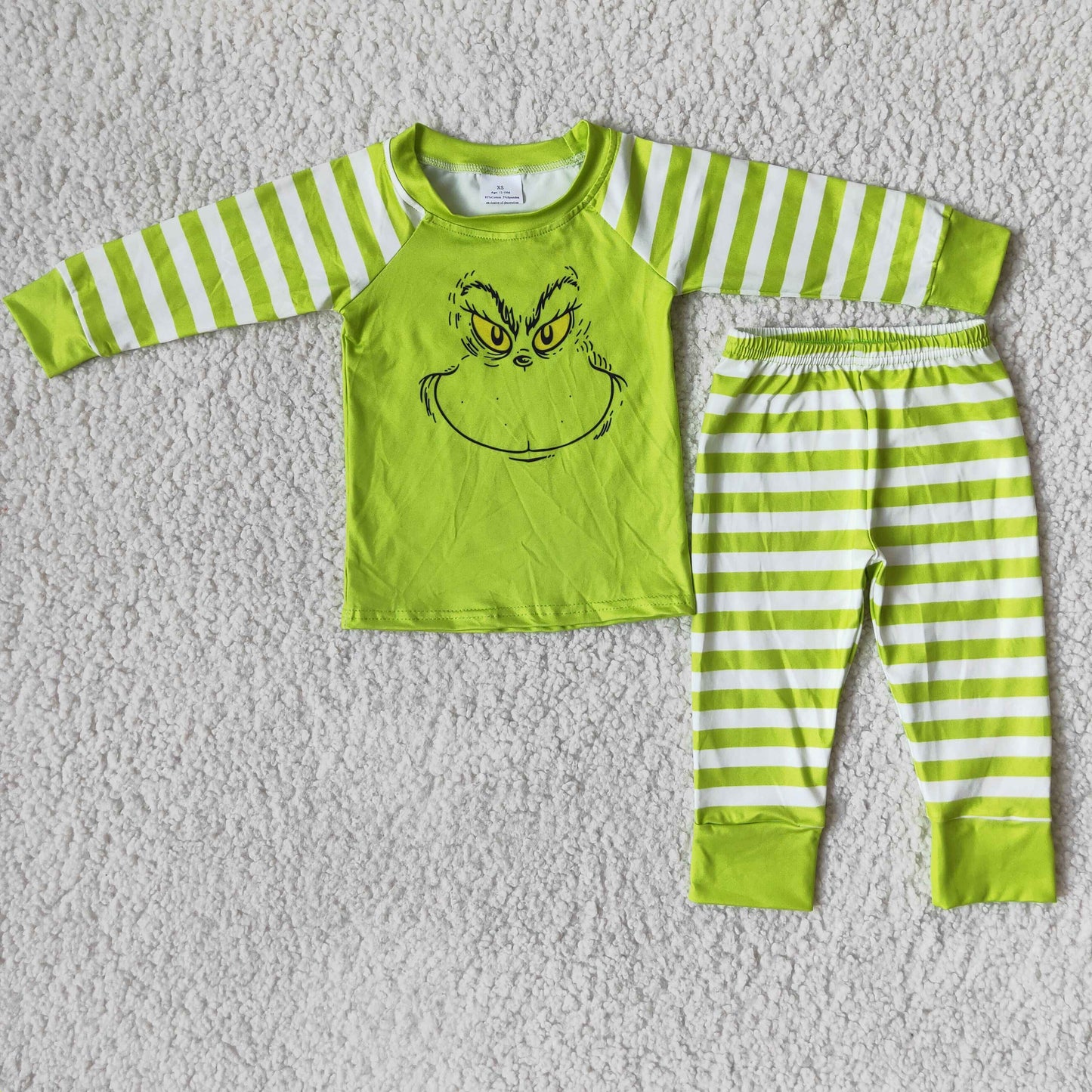 6 B7-2 Baby Boy Long Sleeves Christmas Green Face Shirt Stripes Pants Pajamas Set