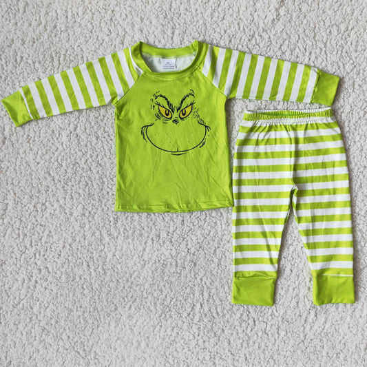 6 B7-2 Baby Boy Long Sleeves Christmas Green Face Shirt Stripes Pants Pajamas Set