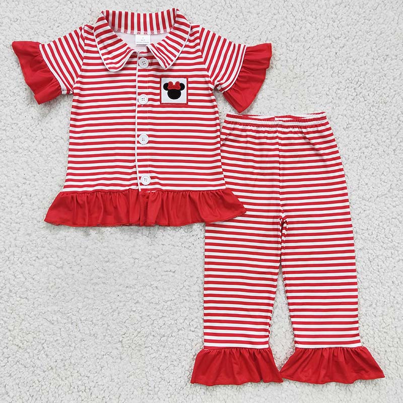 Promotion Baby Boy Embroidery Red Stripe Cartoon Mouse Pajamas Outfit