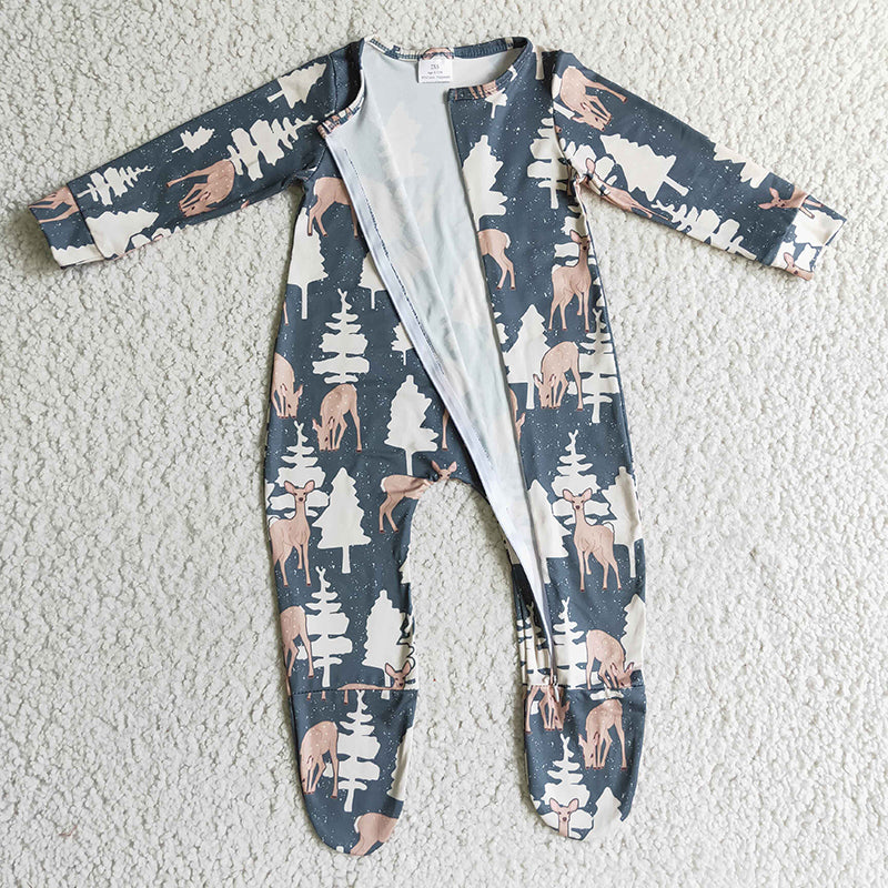 LR0222 Baby Newborn Christmas Zip Deer Romper footed coverall