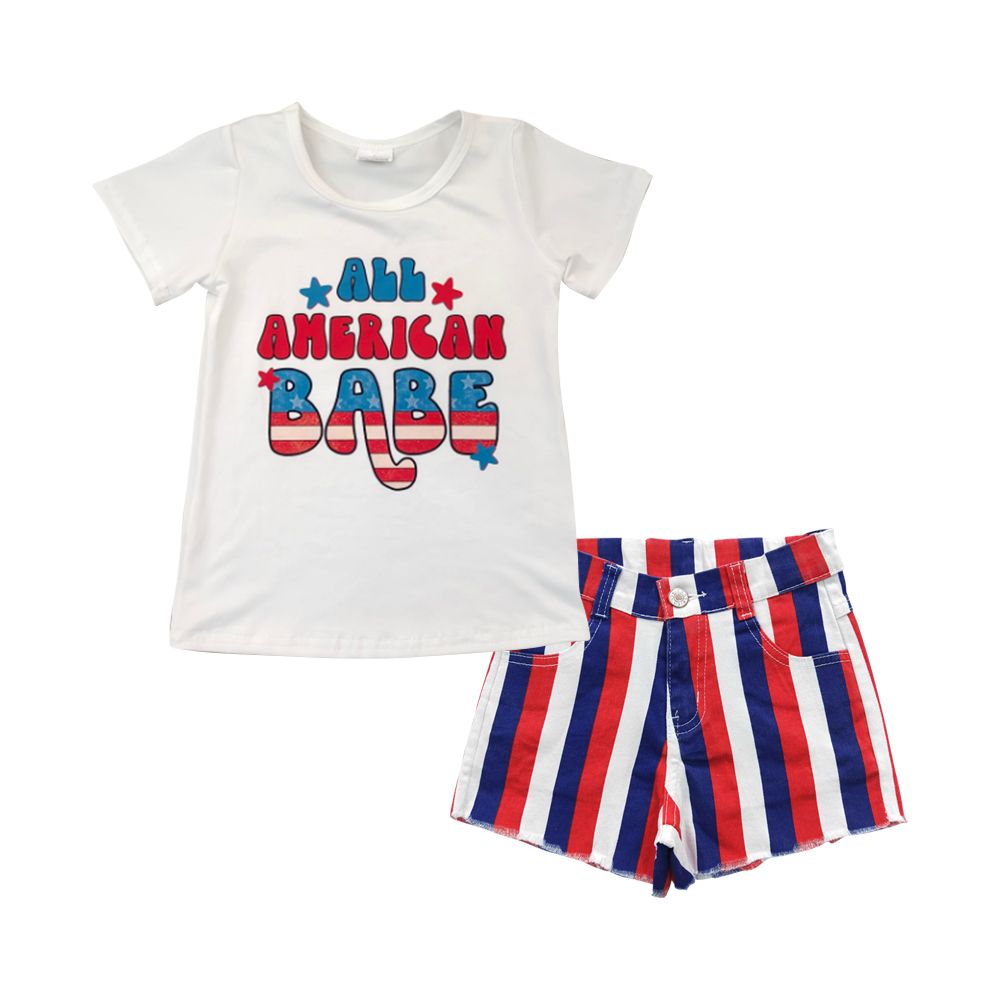Baby Girl All American Babe Short Sleeves Shirt Striped Denim Shorts July 4th Outfit