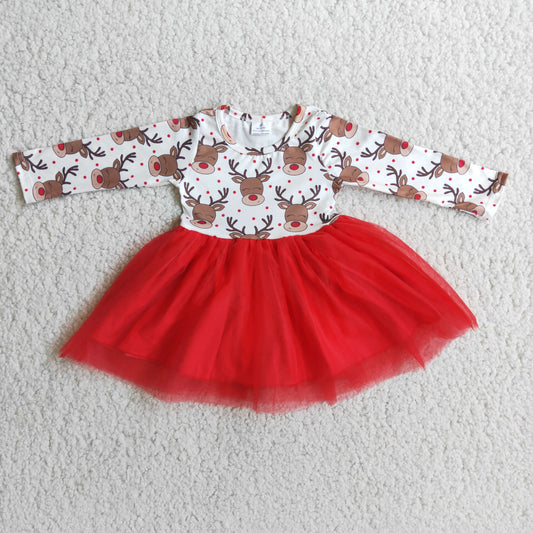 Promotion Baby Girl Long Sleeves Christmas Reindeer Red Tulle Dress