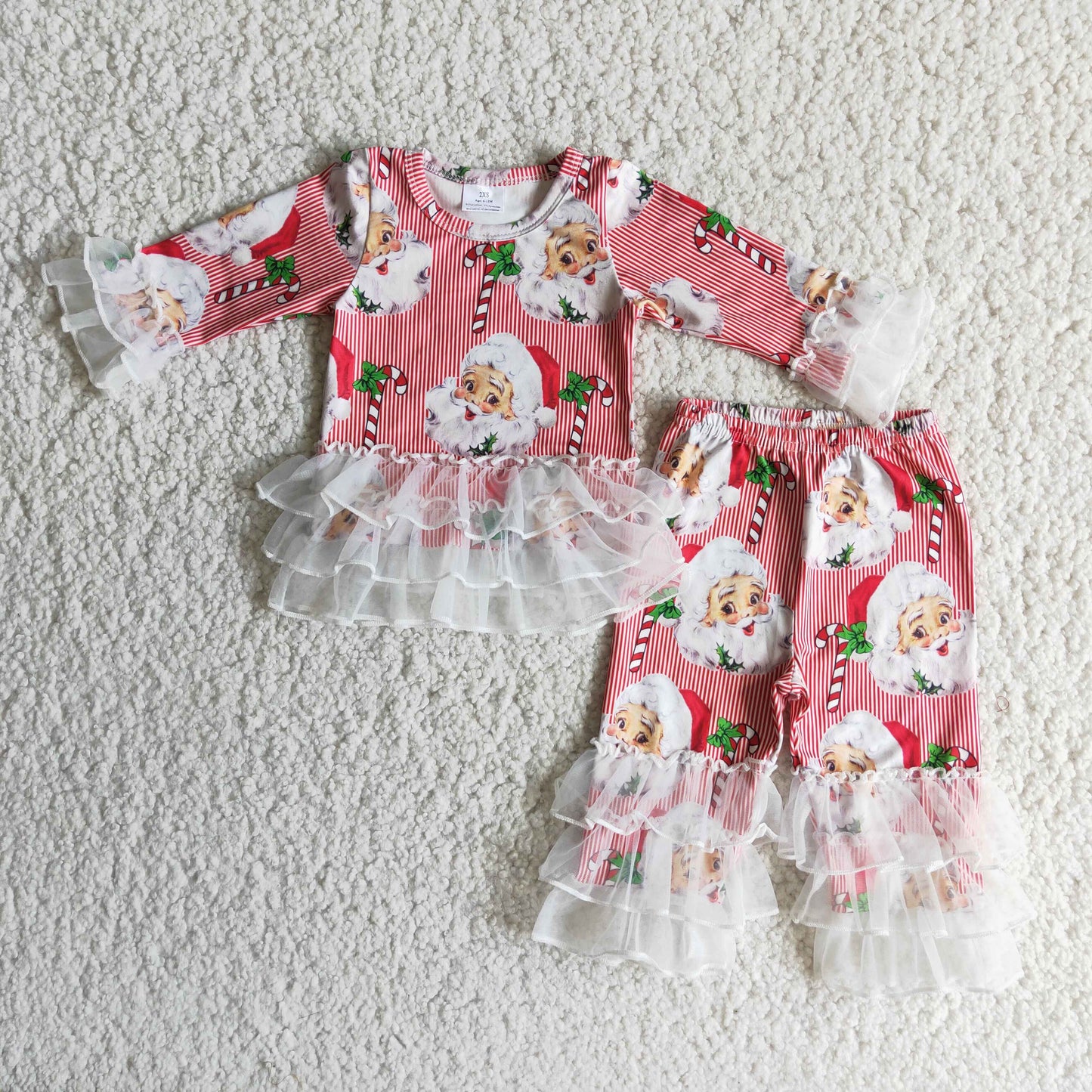 Promotion Baby Girl Kids Long Sleeves Christmas Santa Tops Lace Ruffle Pants Outfit