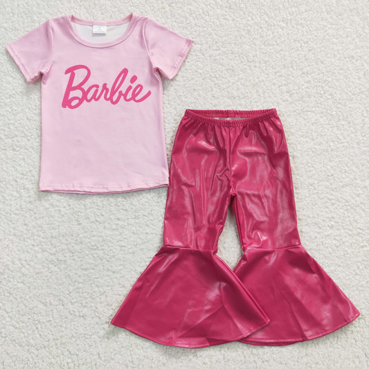 Baby Girl Short Sleeves Letter Pink Doll Shirt Leather Bell Pants Outfit