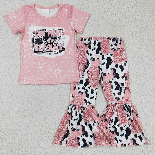 GSPO0223 Baby Girl Western Cow Print Bell Pants Pink Outfit