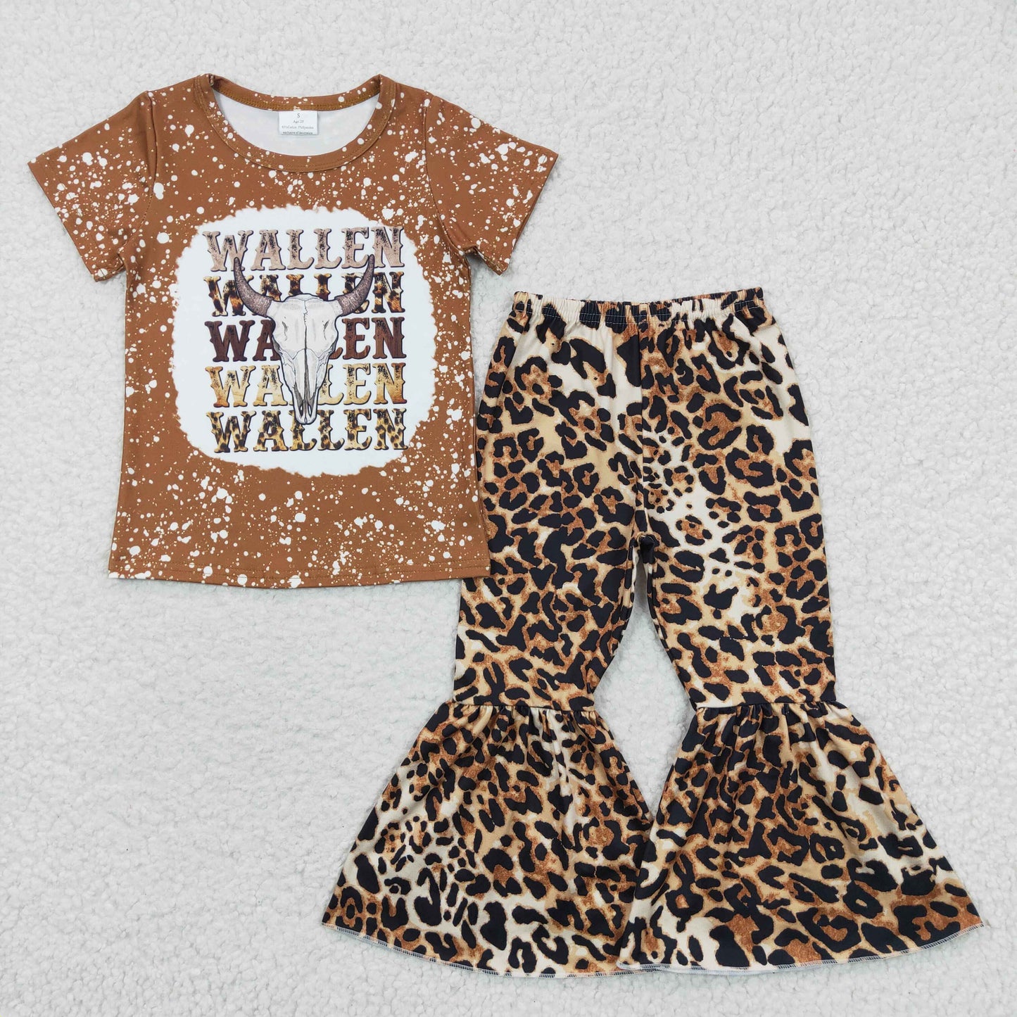Baby Girl Western Short Sleeves Cow Shirt Leopard Bell Pants Music Oufit