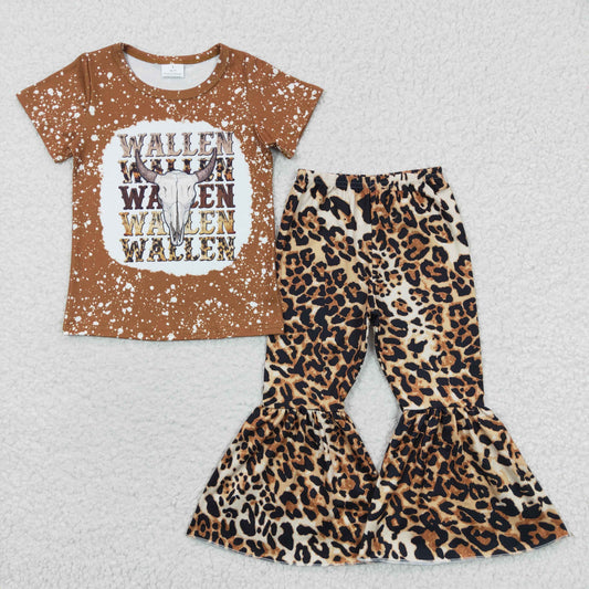 Baby Girl Western Short Sleeves Cow Shirt Leopard Bell Pants Music Oufit