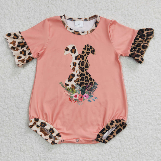 SR0117 Baby Girl Easter Leopard Rabbit Bunny Short Sleeves Romper