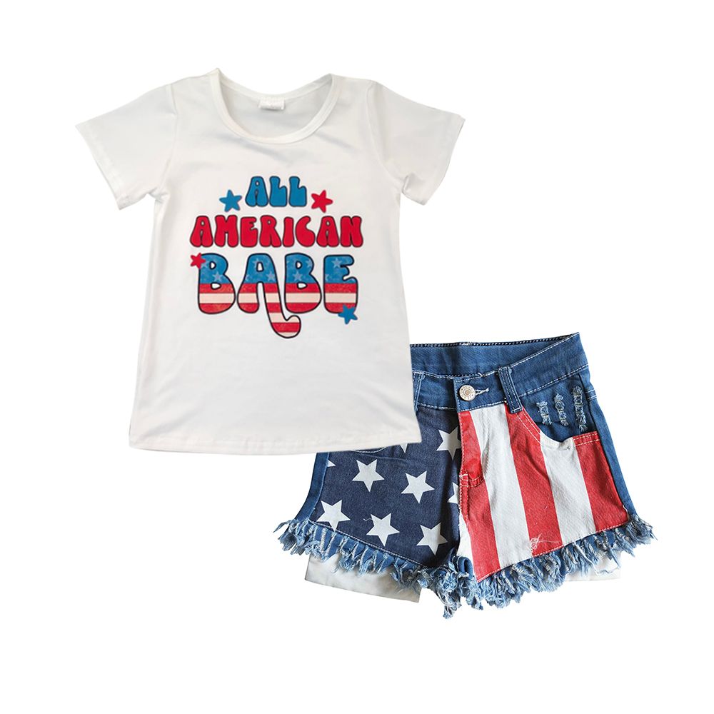 Baby Girl All American Babe Short Sleeves Shirt Stars Striped Denim Shorts July 4th Outfit