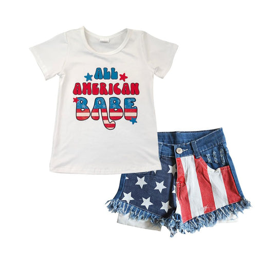Baby Girl All American Babe Short Sleeves Shirt Stars Striped Denim Shorts July 4th Outfit