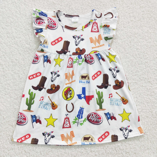 Baby Girl Summer Short Sleeves Western Cow Flag Dress