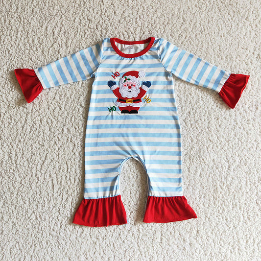 Promotion Baby Girls Long Sleeves Embroidery Christmas Santa Blue Striped Ruffle Romper
