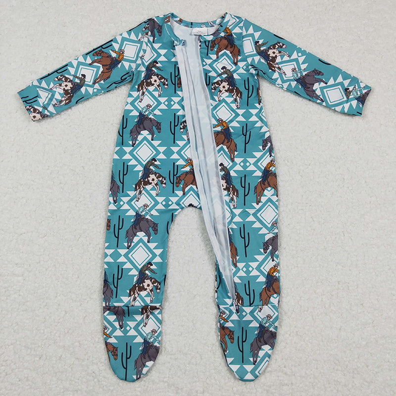 LR0248 Baby Kids Horse Cactus Newborn Western Zipper Romper Footed Coverall