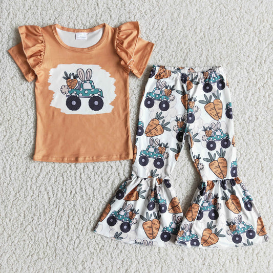 D11-4 Easter Baby Girl Carrot Car Bunny Bell Pants Set