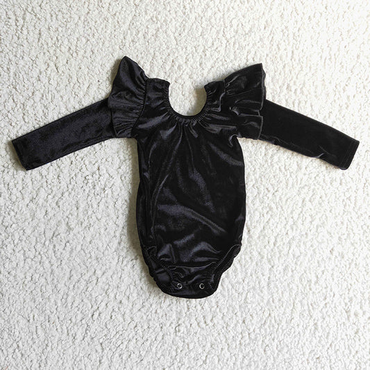 LR0208 Baby Girl Black Velvet Long Sleeve Leotard Romper