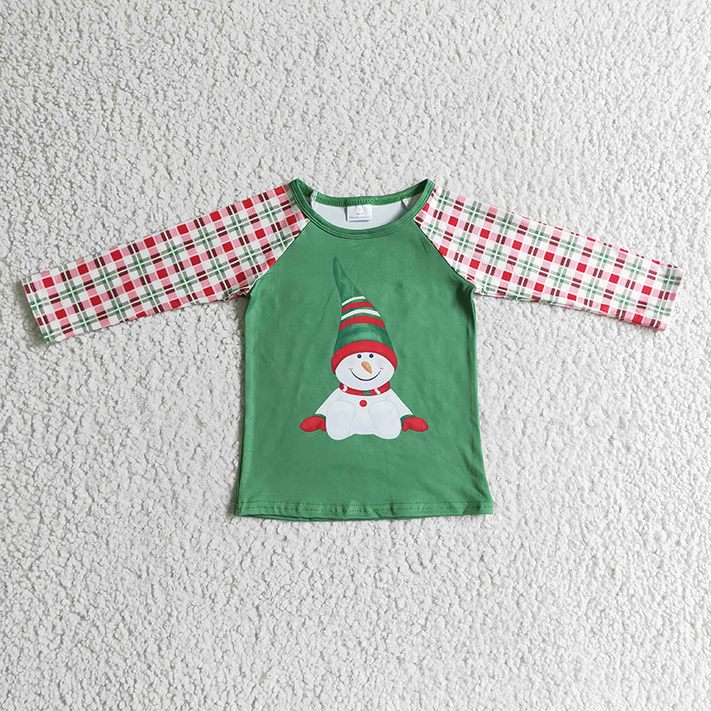 BT0077 Baby Boy Green Snowman Plaid Christmas Shirt
