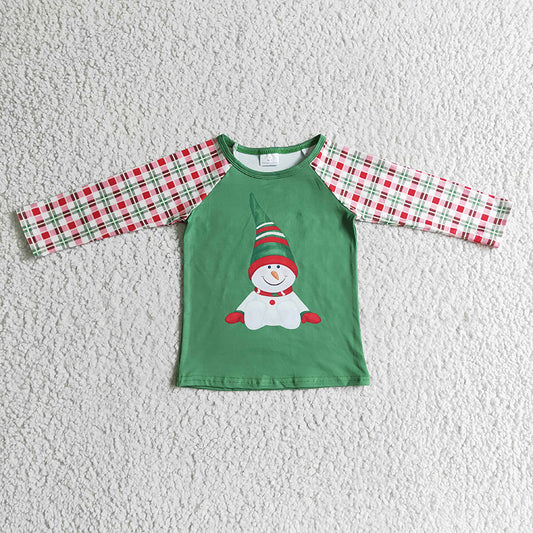BT0077 Baby Boy Green Snowman Plaid Christmas Shirt