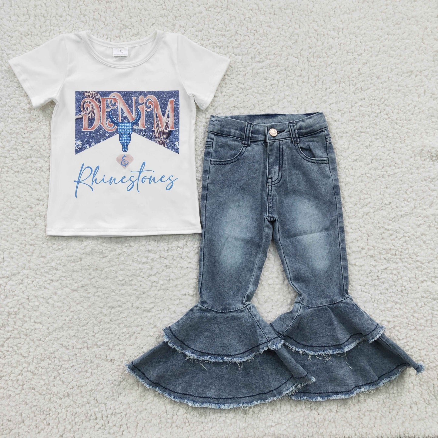 Baby Girl Western Cow Short Sleeves Shirt Denim Pants Outfit
