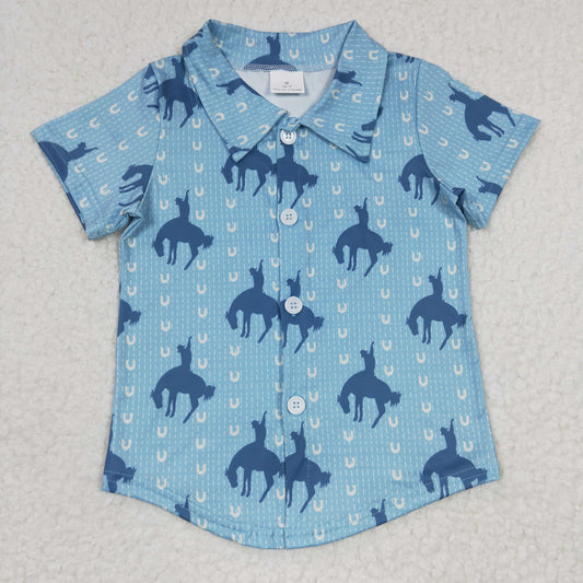 BT0164 Baby Boy Western Horse Short Sleeves Button Up Blue Shirt