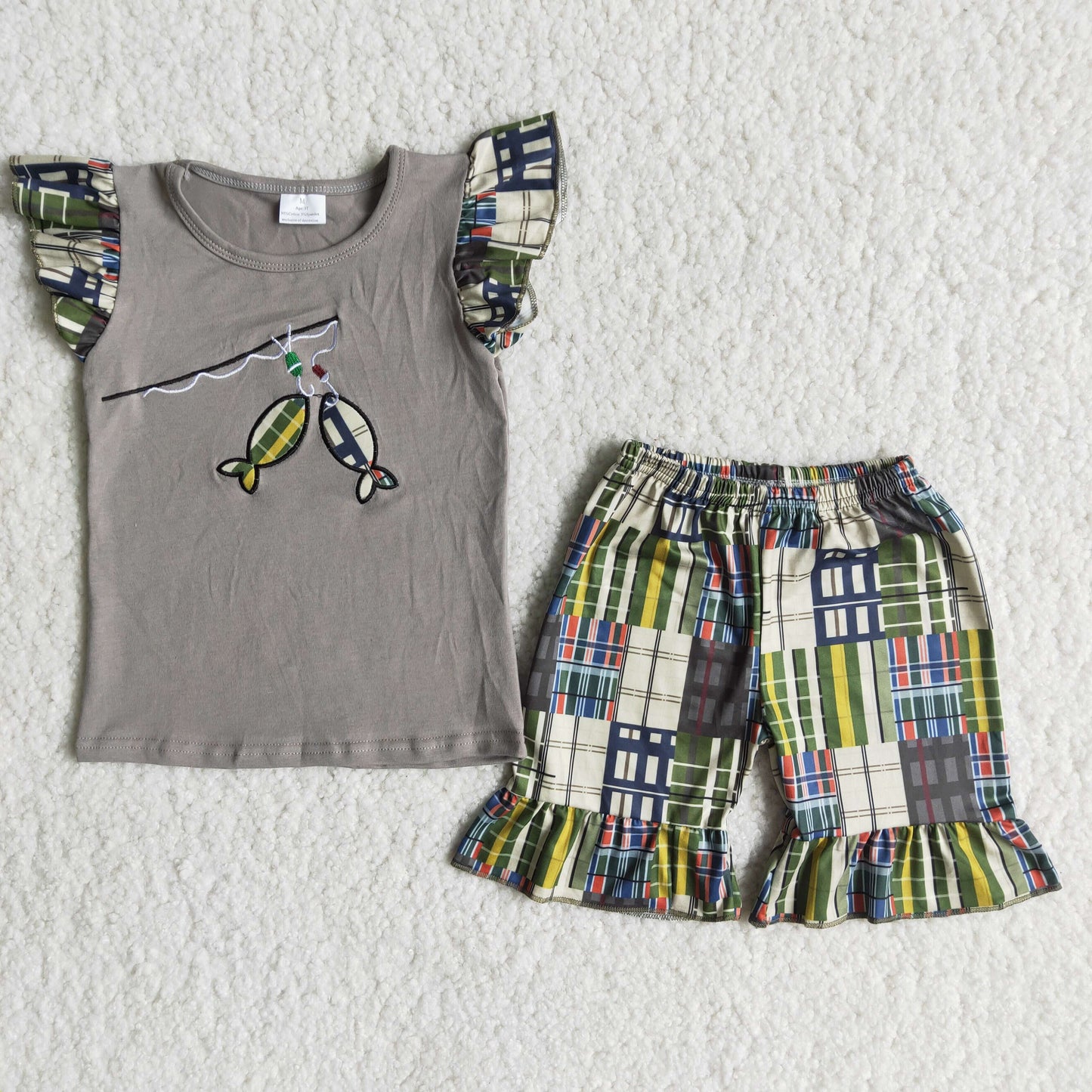 A3-12 Baby Boy Grey Short Sleeves Embroidery Fishing Cotton Shirt Plaid Shorts Summer Outfit