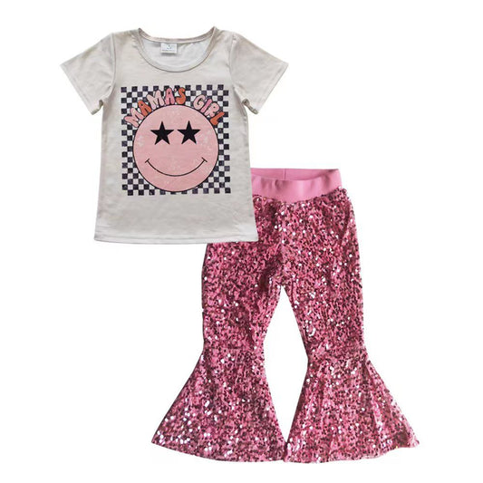 Baby Kids Short Sleeves Mama's Girl Shirt Pink Sequins Pants Outfit